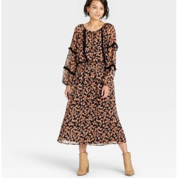 Knox Rose Dresses & Skirts - Knox Rose Long Sleeve Midi Dress in Black and Tan Floral - Size S